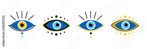 Vector conceptual blue evil eye symbols, talismans, amulets icons set, collection.