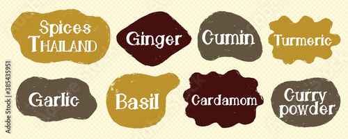 Speech text lable cuisine spice set. Collection design name designation.