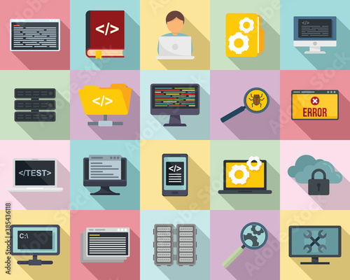 Testing software icons set. Flat set of testing software vector icons for web design