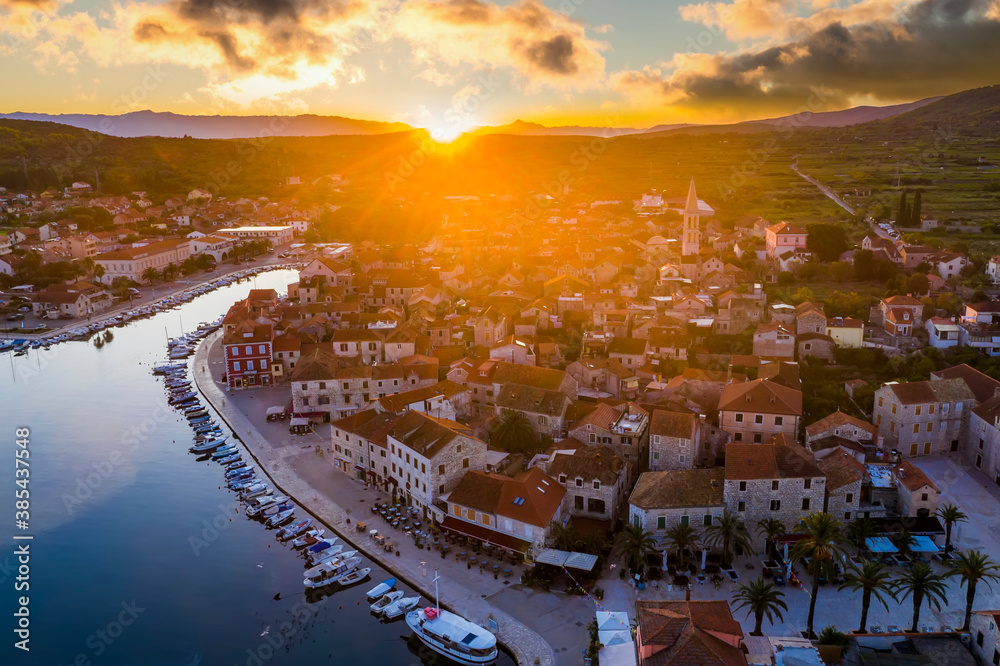 Aerial sunset view of Stari Grad, a town at Hvar island, Croatia
