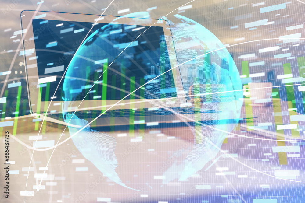 Multi exposure of business theme icons and work space with computer background. Concept of success. Multi exposure of business theme icons and work space with computer background. Concept of success.