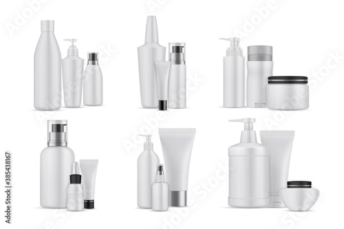 Realsitic cosmetic bottles set. Collection of realism style drawn plastic packages for beauty and skincare body facial liquid soaps. Illustration of container lotions and creams on white background.