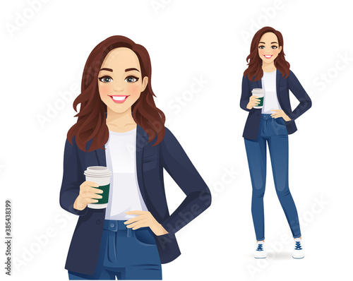 Casual young business woman with coffee cup in jeans isolated vector illustration