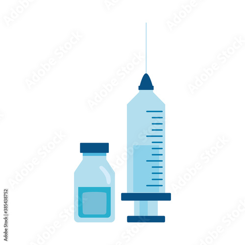 vaccine syringe with drugs bottles flat style icon
