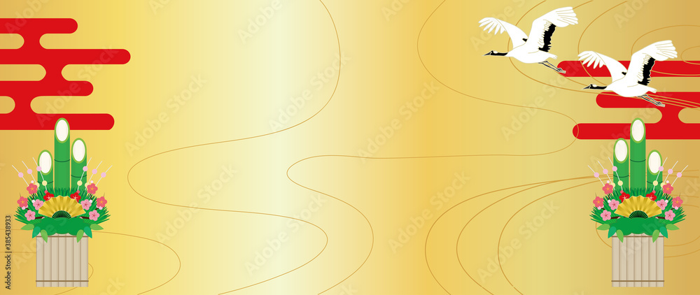 鶴 門松 雲のお祝いイメージの背景イラスト Stock Vector Adobe Stock