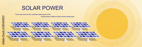 Solar power plants banner design. Alternative renewable green solar energy concept. Flat vector illustration