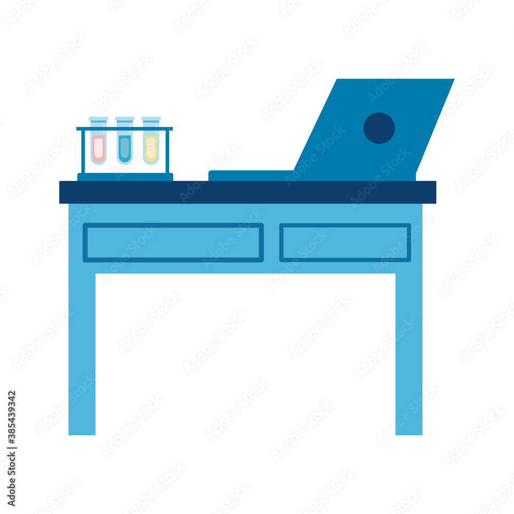 medical tube tests flasks and laptop in laboratory desk flat icons
