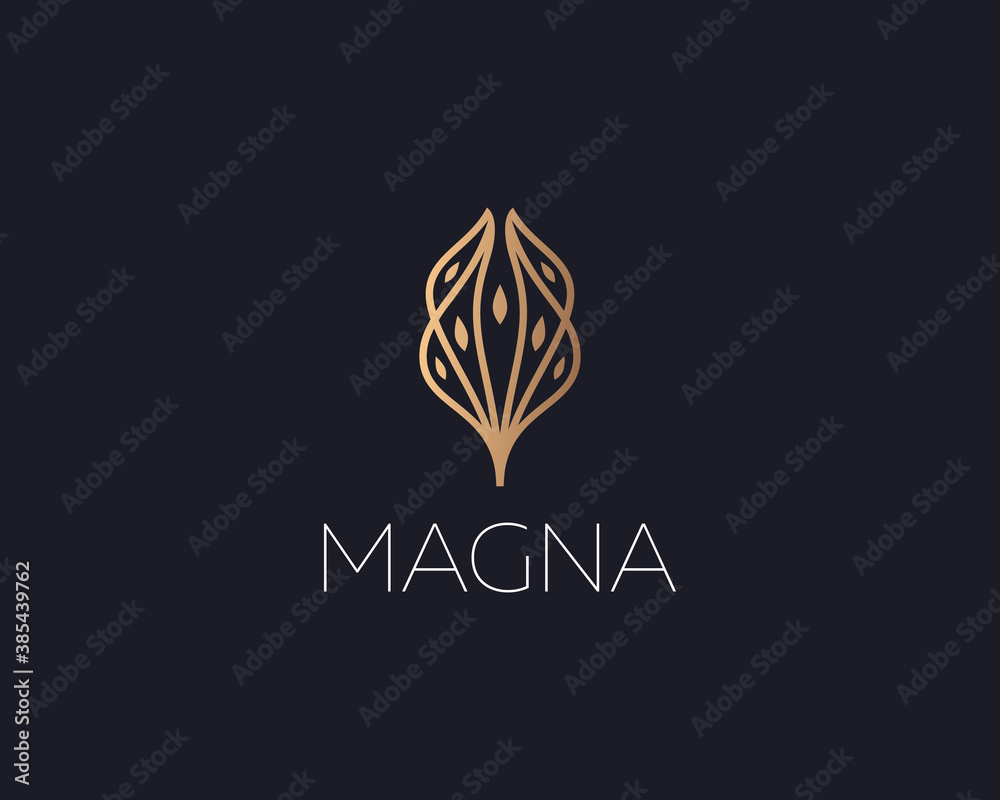 Abstract gold gradient flower flame wings waves logo design vector template. Premium hotel, spa, massage, heritage concept sign icon logotype on dark background.