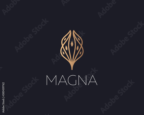 Abstract gold gradient flower flame wings waves logo design vector template. Premium hotel, spa, massage, heritage concept sign icon logotype on dark background.