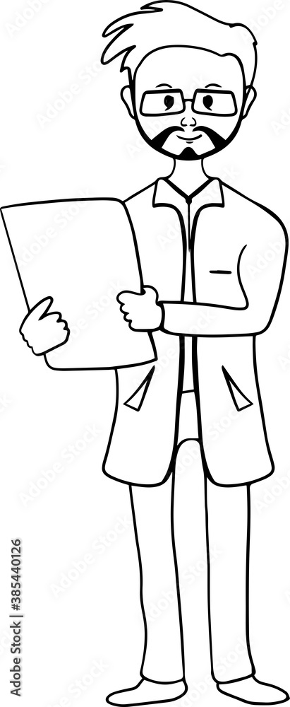 cute and friendly cartoon man doctor, physician with glasses isolated on a white background. Coloring book for children, Doctor cute and friendly cartoon man doctor, physician with glasses isolated on a white background. Coloring book for children, Doctor