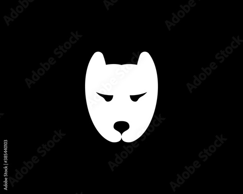 Creative white dog muzzle icon logo vector template on black background. Minimal staffordshire terrier, pit bull, fighting breed emblem sign logotype.