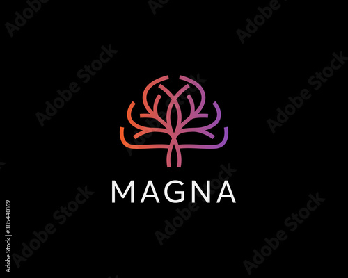 Abstract colorful gradient vector tree logo icon design. Universal premium solid symbol sign logotype. Creative brain think idea psychology concept outline icon isolated on dark background.