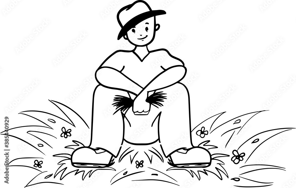 Smiling peasant in a hat siting on grass with a handful of hay, flat vector illustration. Farmer with a bunch of grass isolated cartoon character on white background. Coloring book pages for kids. Smiling peasant in a hat siting on grass with a handful of hay, flat vector illustration. Farmer with a bunch of grass isolated cartoon character on white background. Coloring book pages for kids.