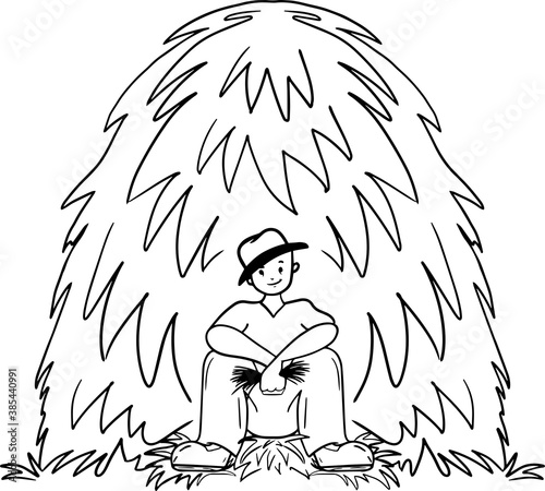 Peasant in a hat siting on grass with a handful of hay, flat vector illustration.Haystack. Farmer with a bunch of grass isolated cartoon character on white background. Coloring book pages for kids.