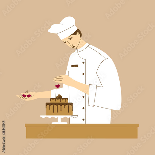 The character of the pastry chef decorates the cake with cherries. Vector illustration in the modern style.