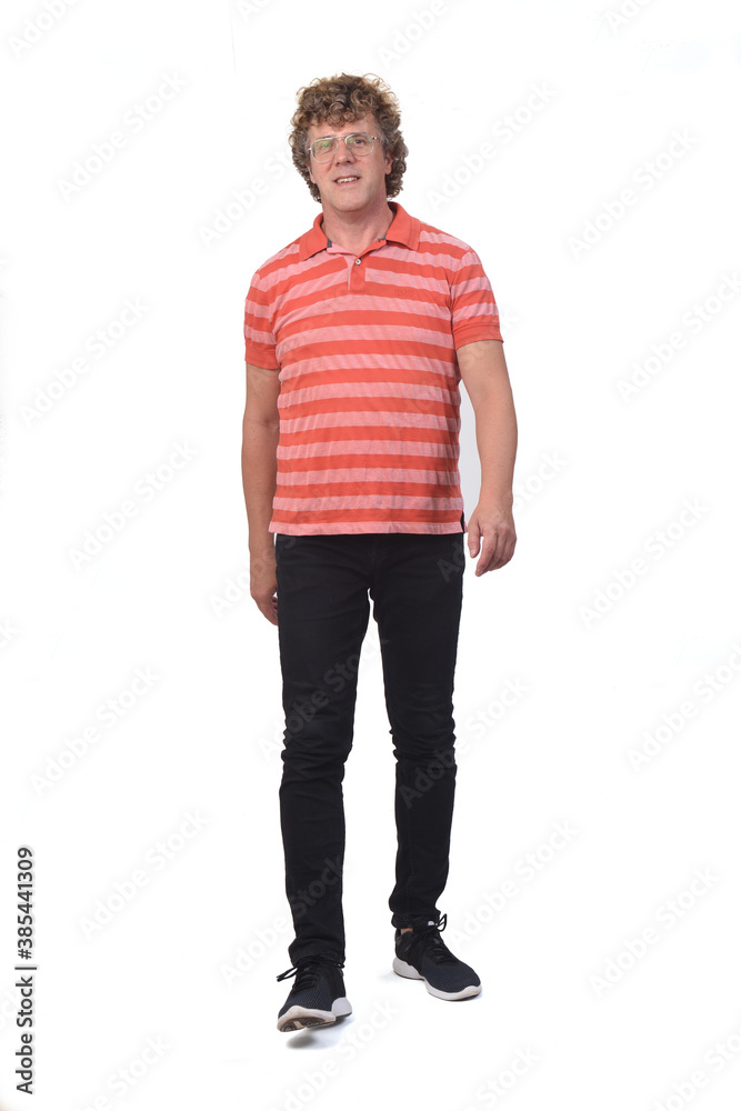 front view of a man with curly hair walking on white background front view of a man with curly hair walking on white background