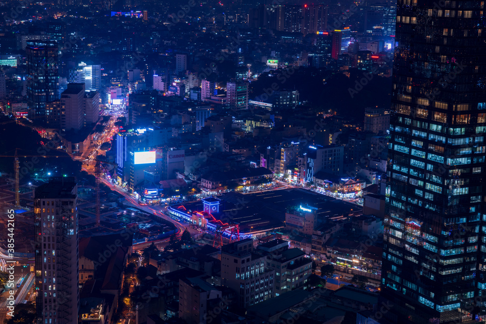 Aerial view of Ben Thanh Market in Ho Chi Minh City at night.