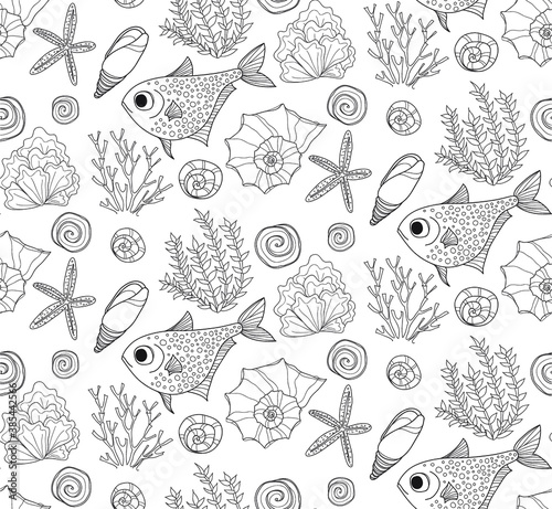 Vector hand drawn seamless pattern with fish, shells and seaweeds. Ocean background.