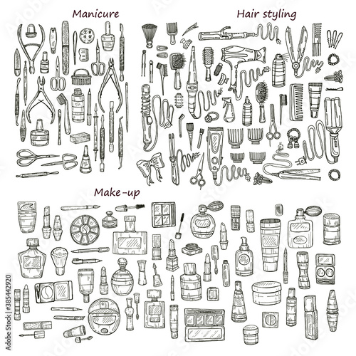 Big set of 146 beauty  products and tools including make-up products and perfumes, hair styling and manicure tools. Vector hand drawn outline beauty collection.
