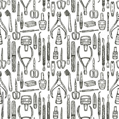 Seamless pattern with manicure equipment and accessories. Hand drawn vector manicure collection.