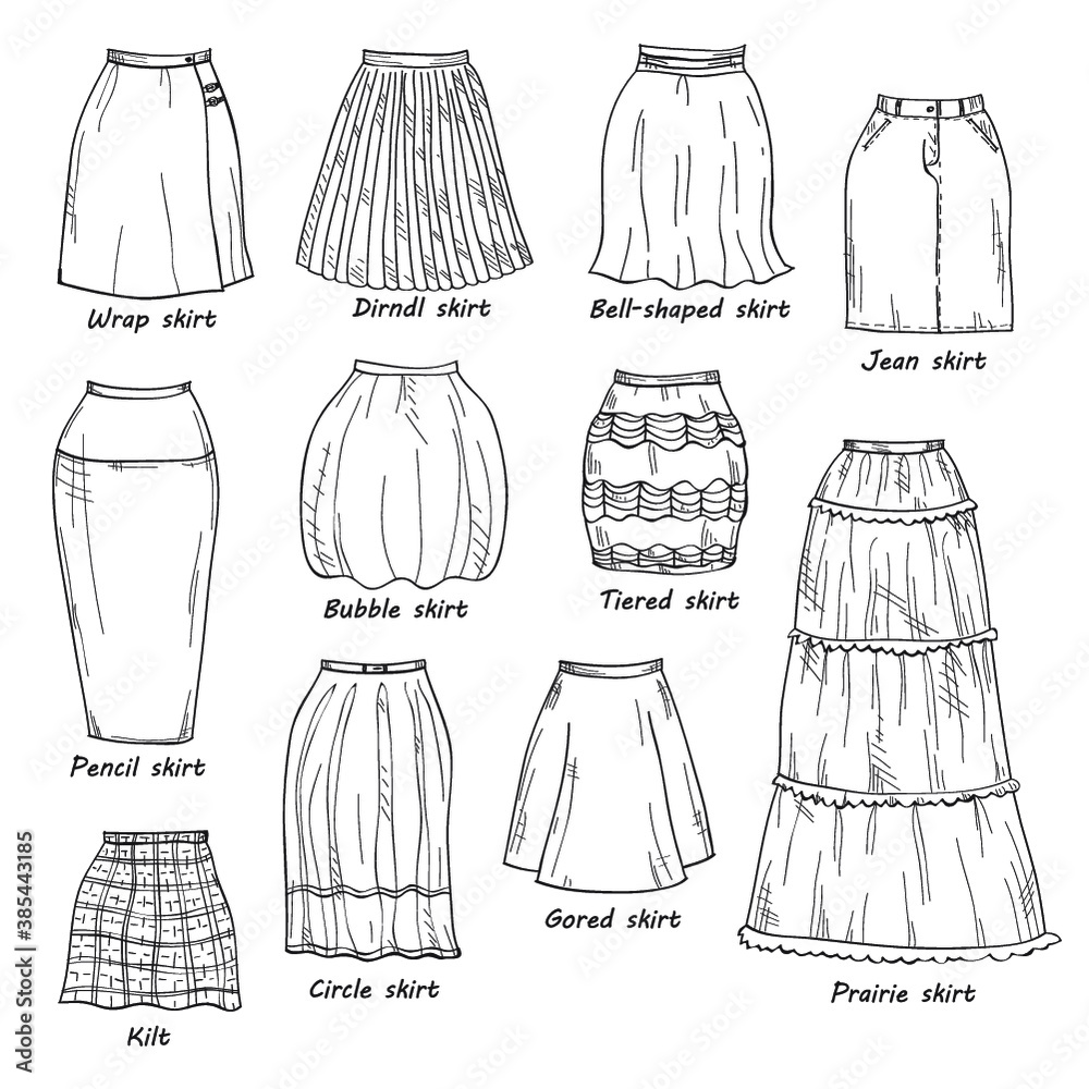 Vector set of hand drawn doodles of women's clothes including different ...