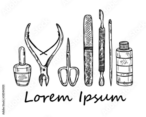 Set of manicure tools. Vector hand drawn manicure collection.