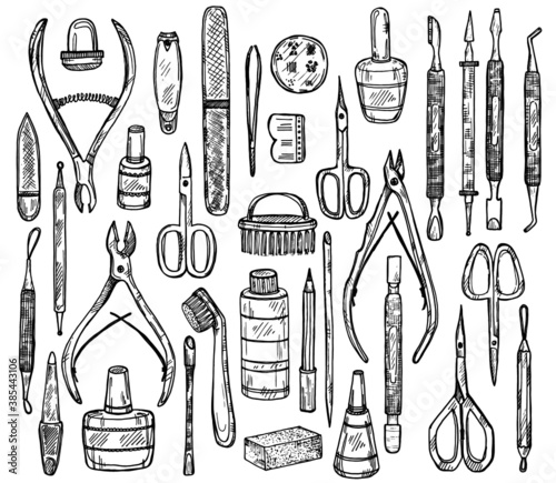 Big set of manicure equipment including 34 tools: scissors, cuticle nipper, nail files, nail polish, nail clippers, pushers etc. Hand drawn vector manicure collection