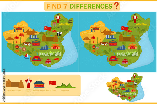 Find the difference on the China Map. Chinese traditional symbols and architecture. Child Game.