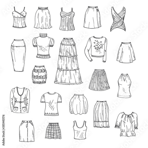 Vector set of hand drawn doodles of women's clothes including different types of skirts and tops