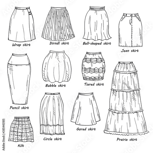 Vector set of hand drawn doodles of women's clothes including different types of skirts