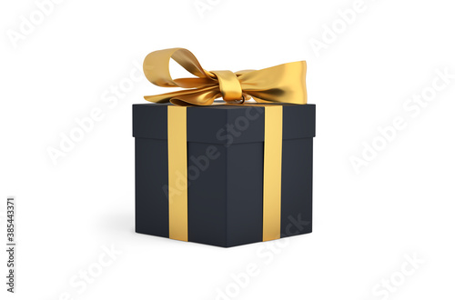 Christmas gift black box tied with gold ribbon. Birthday gift with love. Happy celebration present. 3D rendering photo