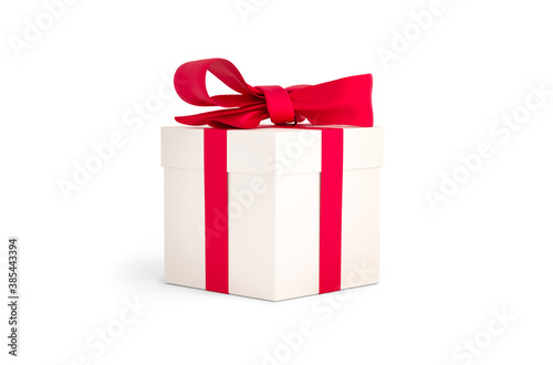 Christmas gift white box tied with red ribbon. Birthday gift with love. Happy celebration present. 3D rendering