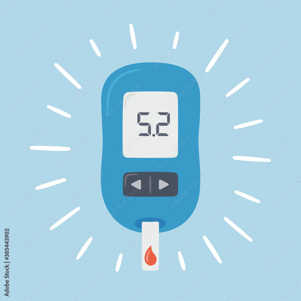 Portable glucometer with normal values. Blood glucose test. Blood sugar readings. Diabetes control and diagnostics. Medical measurement apparatus. Vector illustration Portable glucometer with normal values. Blood glucose test. Blood sugar readings. Diabetes control and diagnostics. Medical measurement apparatus. Vector illustration