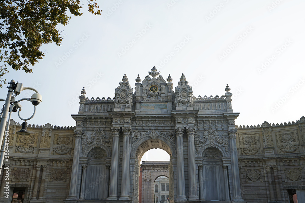 Exterior Neoclassical architecture and royal facade building design of 'Dolmabahce imperial palace' located along the European shore of the Bosphorus Strait- Besiktas, Turkey