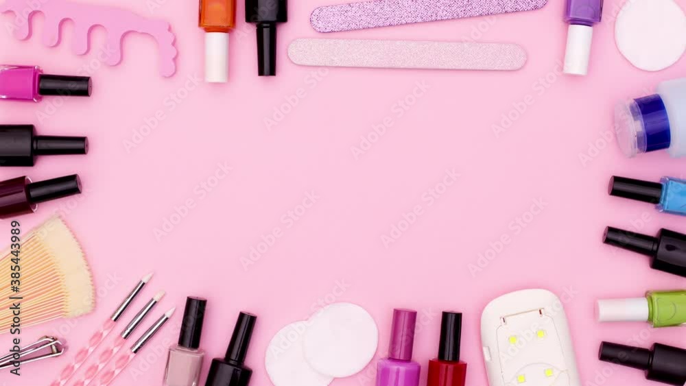 Manicure and pedicure tools frame for text or logo on pastel pink theme. Stop motion Manicure and pedicure tools frame for text or logo on pastel pink theme. Stop motion