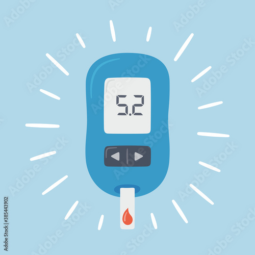 Portable glucometer with normal values. Blood glucose test. Blood sugar readings. Diabetes control and diagnostics. Medical measurement apparatus. Vector illustration