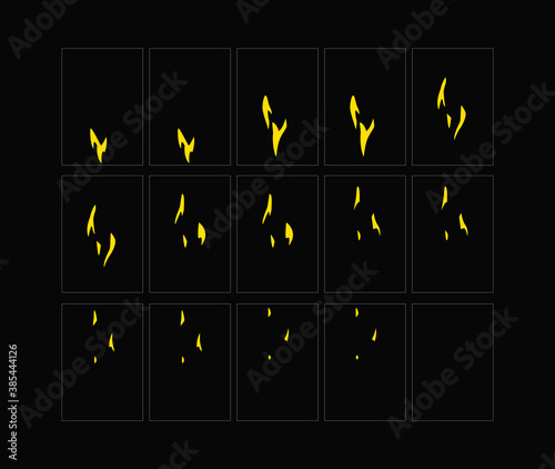 Fire sparks animation. Flame effect sprites sheet for games, video, animation. Colorful cartoon sparks animation. 