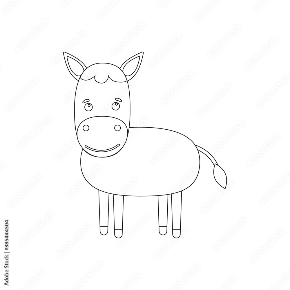 Coloring pages. Animals. Little cute donkey stands and smiles. Vector illustration Coloring pages. Animals. Little cute donkey stands and smiles. Vector illustration