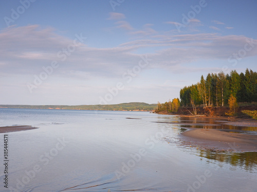Autumn bank of the big Kama river. Mountains, trees Autumn. Ural. Russia. Perm Territory, Elovo