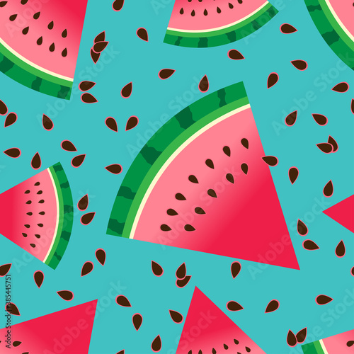 Fresh watermelon slice vector seamless pattern. Watermelon wedge background. Abstract texture  for wrapping, wallpaper, textile,  leaflet. Ripe fruit backdrop.