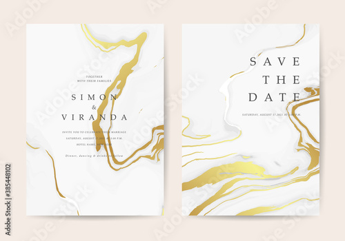 Luxury Marble Wedding invitation cards, Save The Date card design with Navy blue and gold brush decoration style- Vector