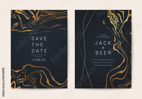 Luxury Marble Wedding invitation cards, Save The Date card design with Navy blue and gold brush decoration style- Vector