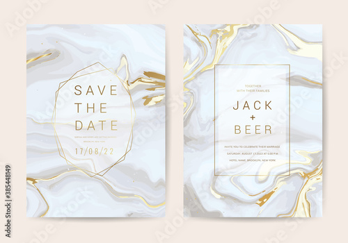 Luxury Marble Wedding invitation cards, Save The Date card design with Navy blue and gold brush decoration style- Vector