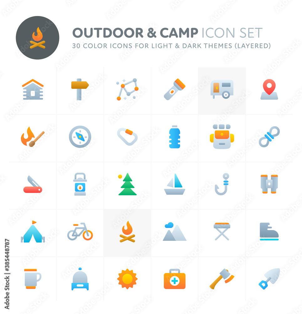 Outdoor & Camp Vector Icon Set. Fillio Color Icon Series.