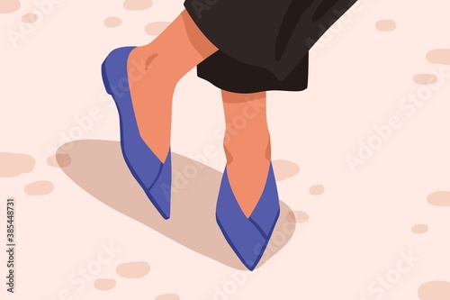 Woman casual acute toe court shoes with flat sole. Stylish blue leather pump shoes. Female feet in fashionable elegant summer footwear. Trendy footgear vector cartoon illustration