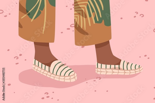 Woman espadrilles with canvas platform. Female feet in comfortable textile eco footwear. Modern fabric cotton shoes. Summer stylish footgear flat vector cartoon illustration