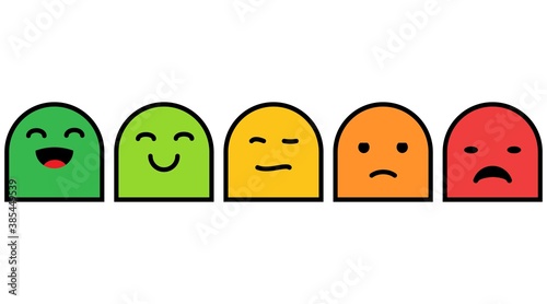 Rank, level of satisfaction rating. Face icons, Feedback in form of emotions. User experience. Review of consumer. Scale with colored segments. Vector Isolated illustration