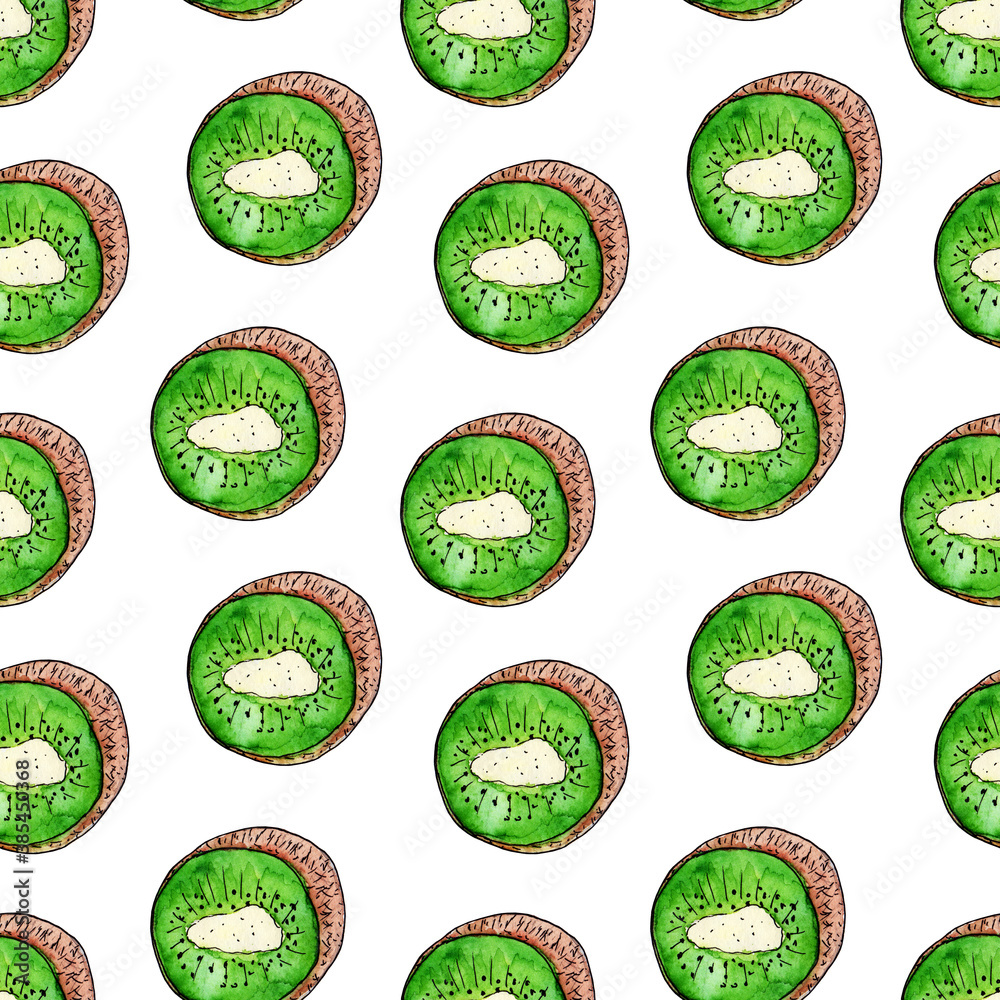 Seamless fruit pattern with sliced kiwi. Bright food background. Perfect for diary, book cover, organic, eco, home textile design, greeting card, t-shirt print, wrapping paper and label decor.
Seamless fruit pattern with sliced kiwi. Bright food background. Perfect for diary, book cover, organic, eco, home textile design, greeting card, t-shirt print, wrapping paper and label decor.