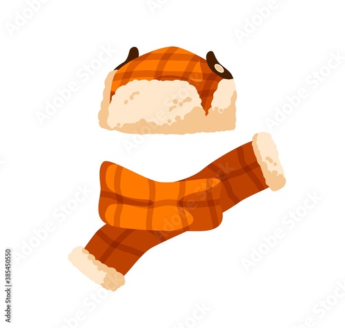 Checkered childish earflap hat and scarf. Winter orange cap with fur for children. Flat vector cartoon illustration of warm seasonal headwear for kids isolated on white background