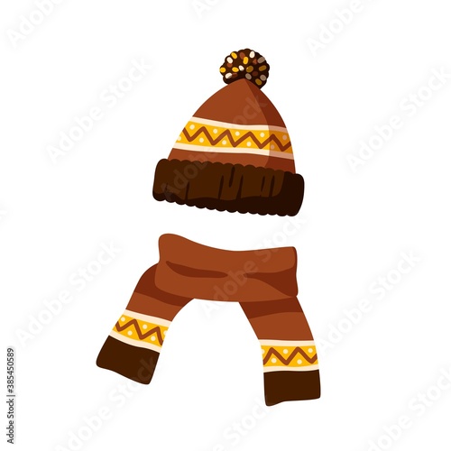 Ornamented knitted childish bobble hat and scarf. Winter hat with pompom for children. Flat vector cartoon illustration of warm kids headwear isolated on white background